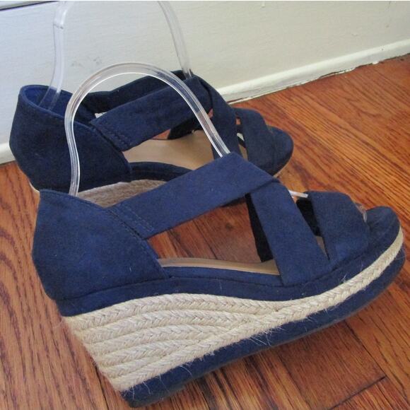 Royal Blue Wedge Espadrille Sandals Size 7 Strappy Open Toe 3in Heel Bohochic - Picture 2 of 16